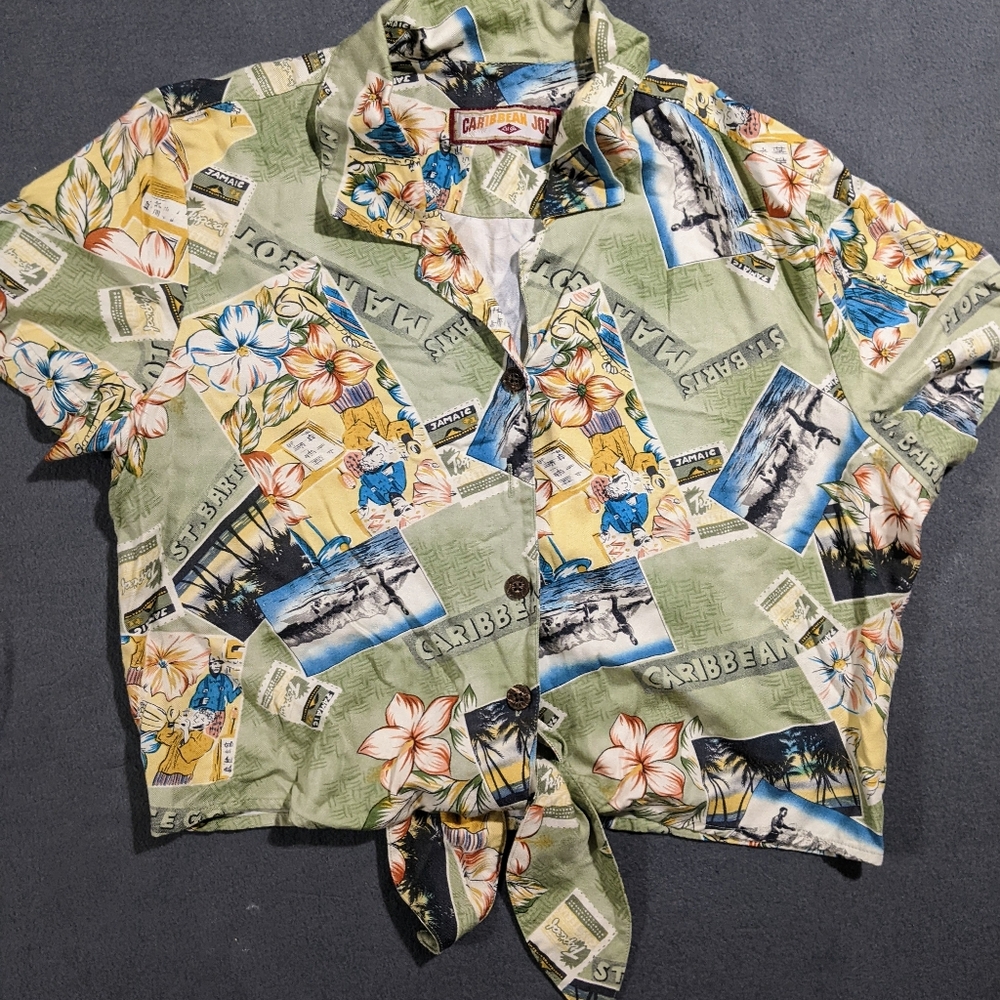 Vintage Caribbean Joe tie front shirt large flowers Hawaiian
